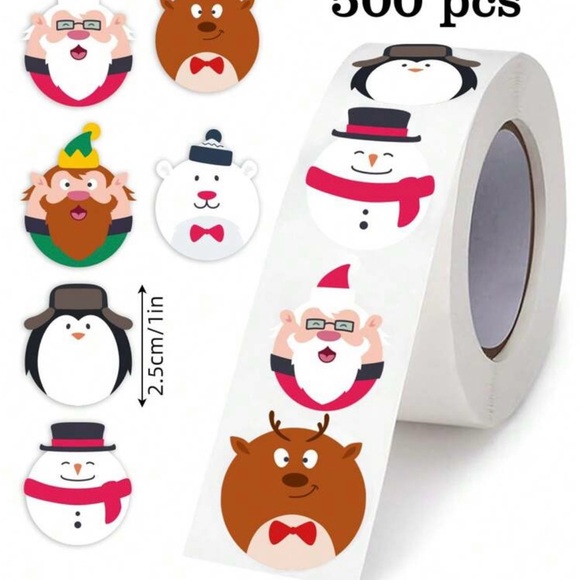 Cute Christmas Characters Sticker Roll of 500 Santa Elf Polar Bear Penguin - Picture 2 of 2